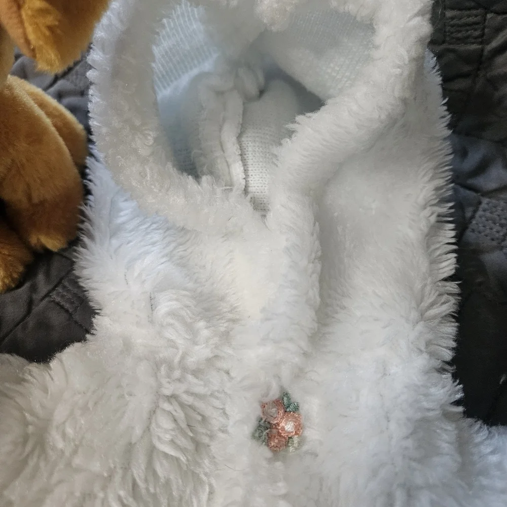 Vintage 1980s White Plush Doll Coat with Hood And Matching Hand Warmer
